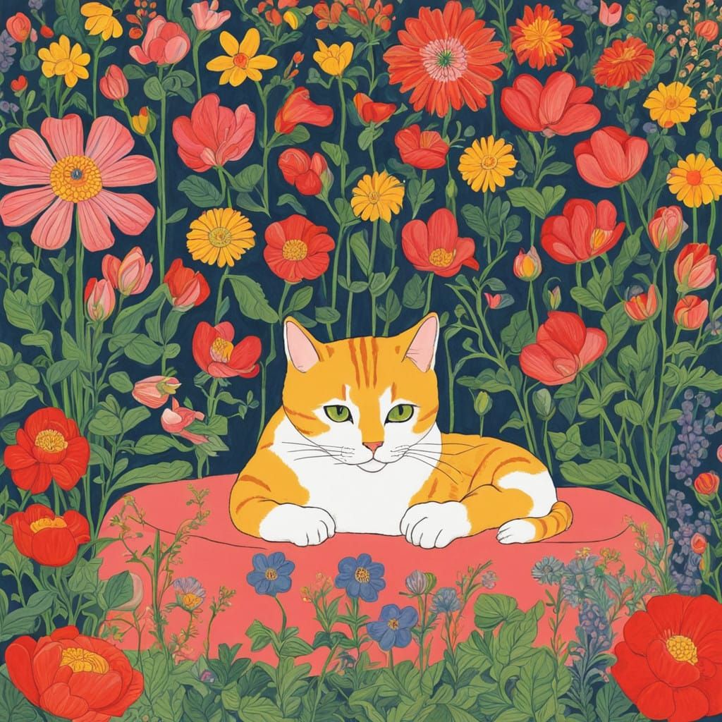 Cute Cat Surrounded by Flowers in Colorful Josef Frank Style