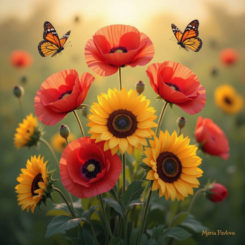 Vibrant Poppies and Sunflowers with Butterflies at Golden Ho...