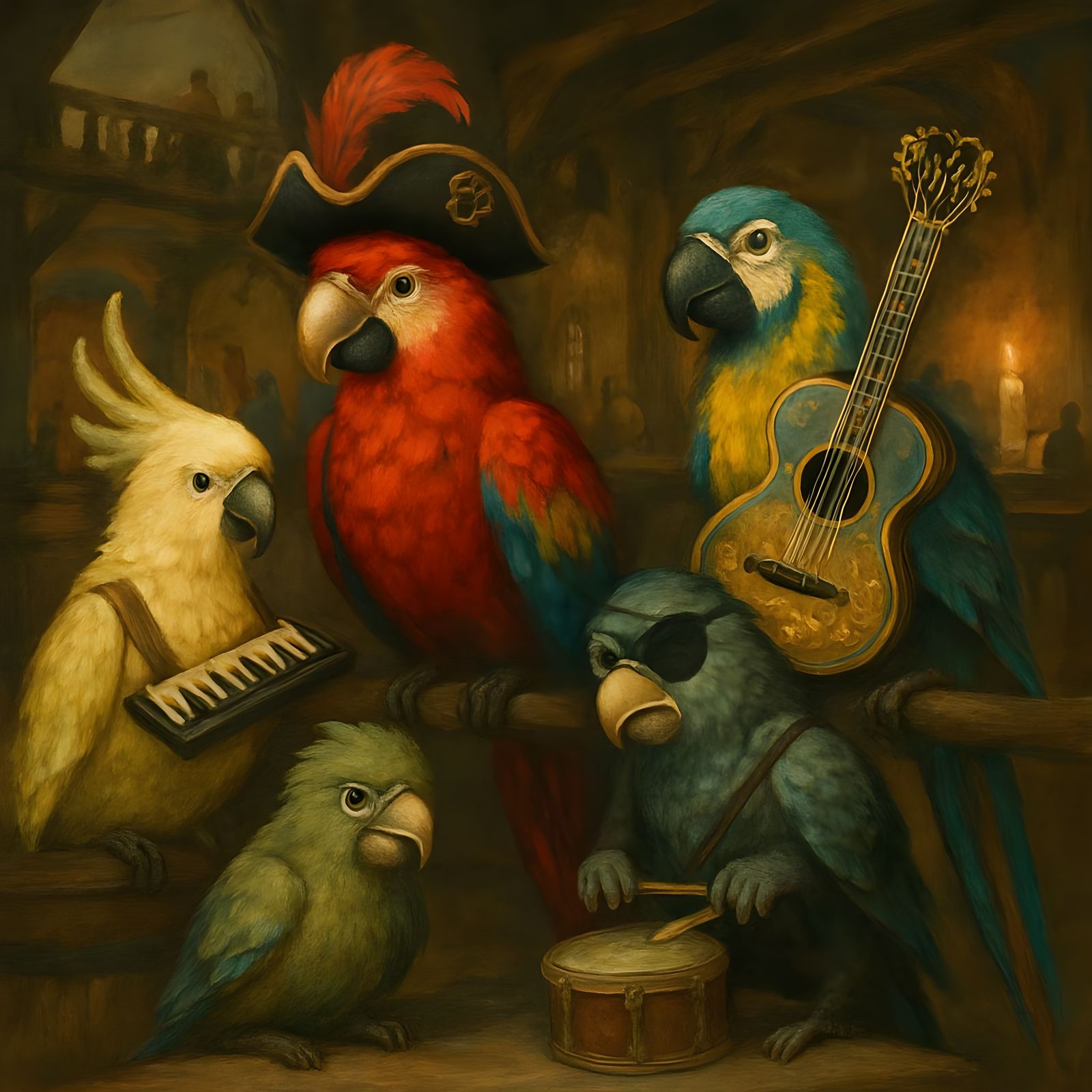Pirate Parrots in Port Royal Tavern, 18th-Century Style