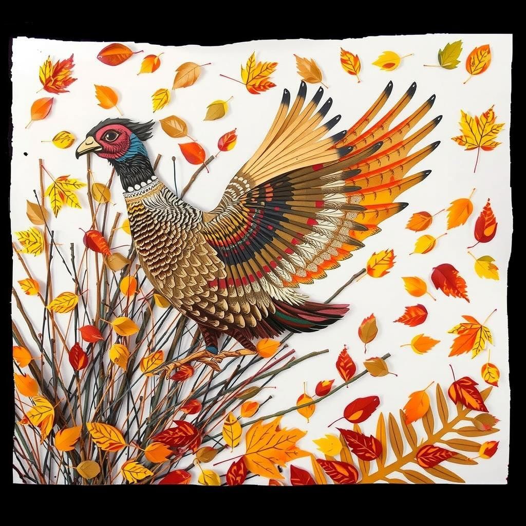 Grouse in Flight: Autumnal Paper Collage