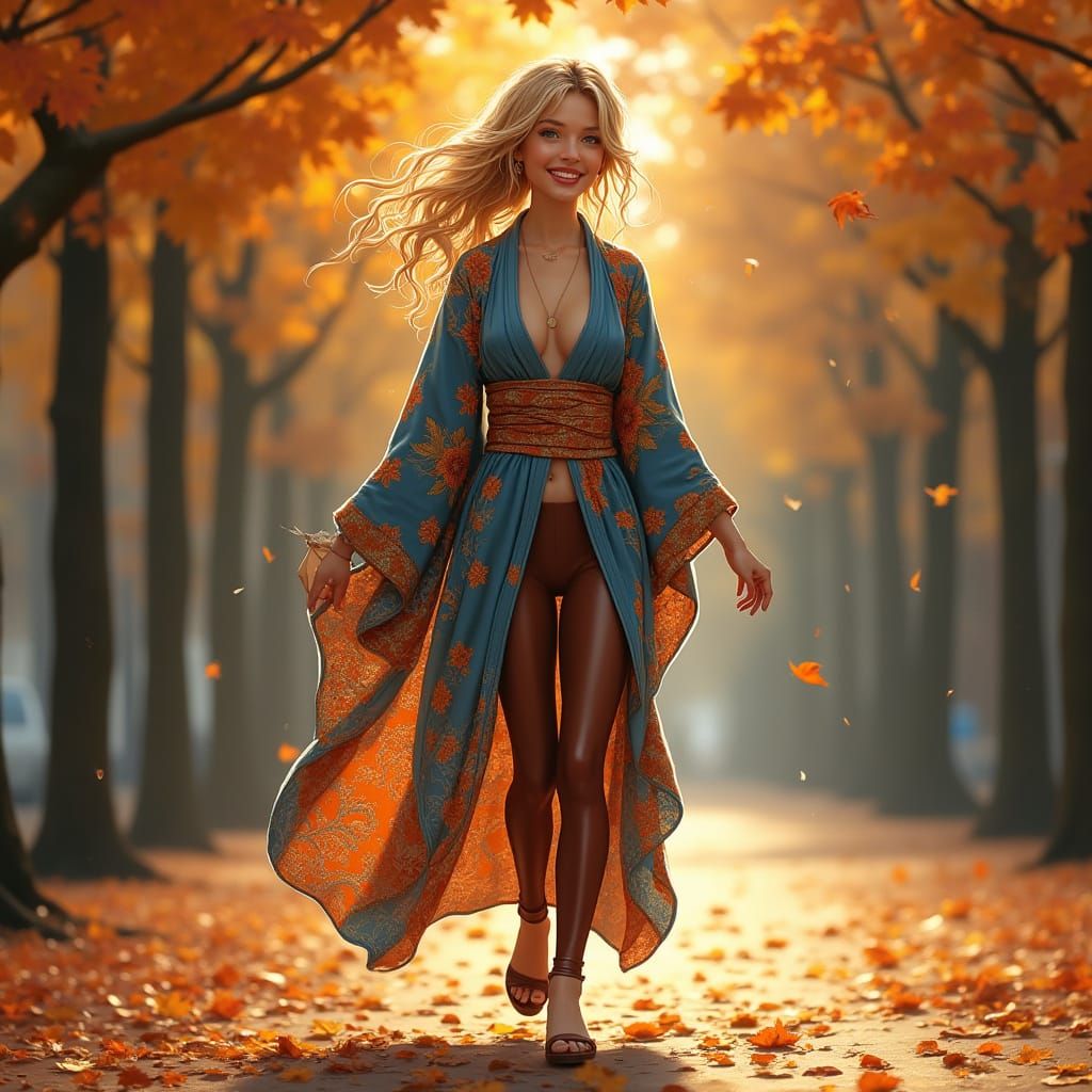 Woman in Floral Kimono and Leather Leggings in Autumn