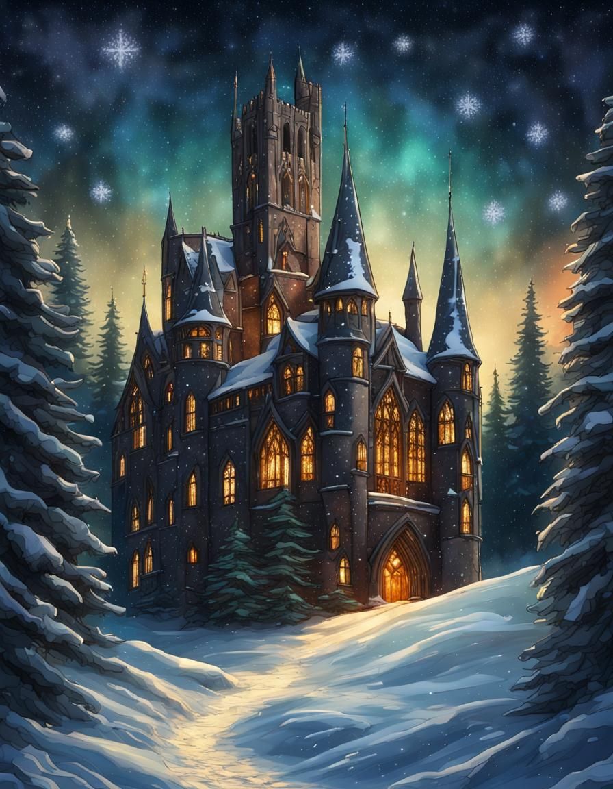 High Gothic Castle in Snowy Forest at Christmas