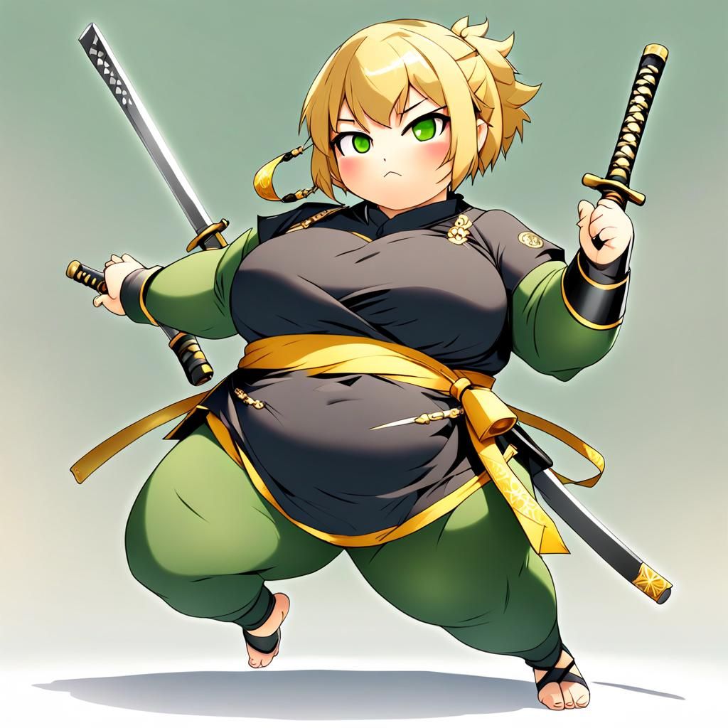 Overweight Ninja Girl with Katana in Anime Style