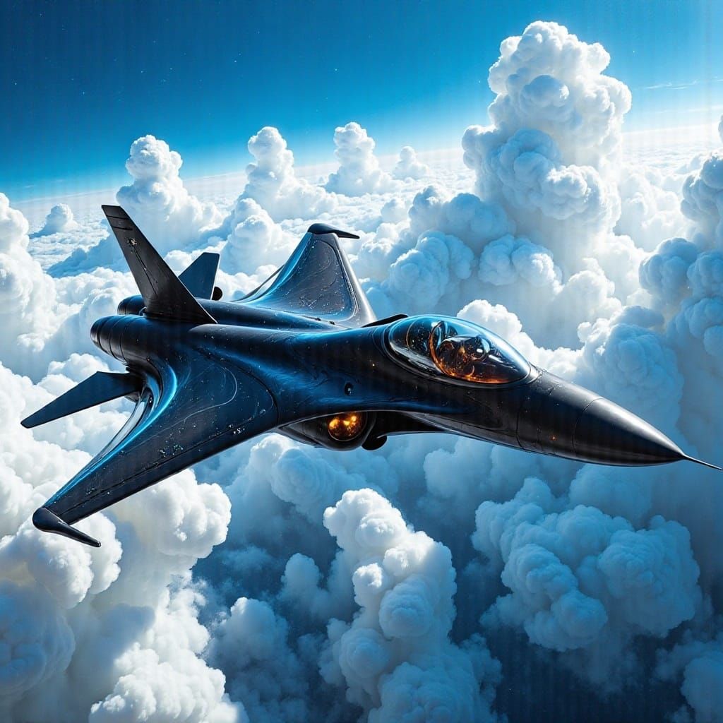 <lora:Flux enhancer:1.0> Streaking across the sky the latest most advanced Fighter Aircraft tips a wing to say Hello, th...