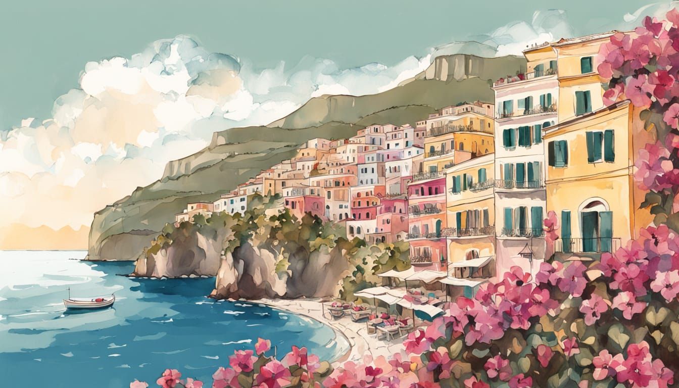 Vintage Italian Travel Poster: Pastel-Hued Positano by the M...