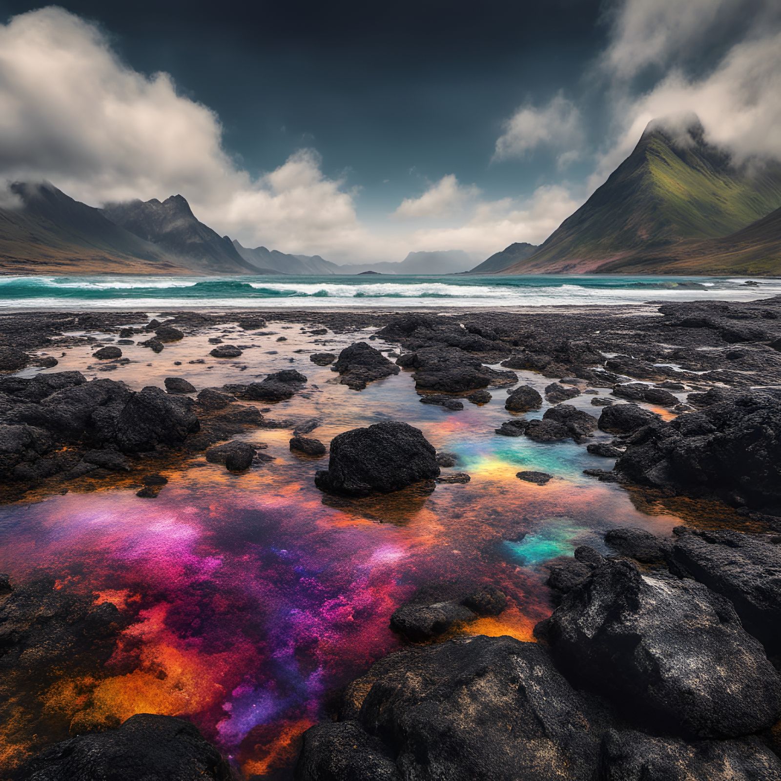 Rainbow Tidepools Cover Hyperrealistic Mountain Landscape