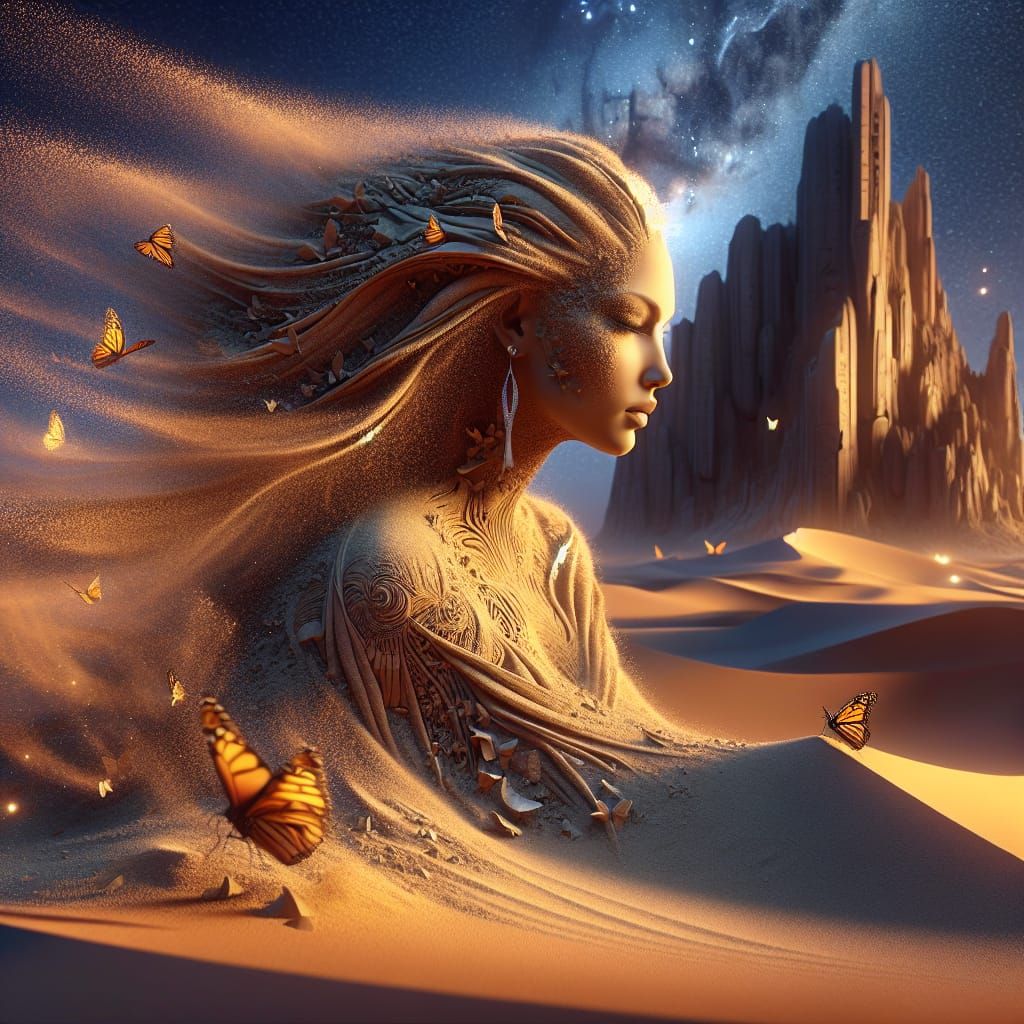 Desert Woman Mirage with Butterflies in 3D