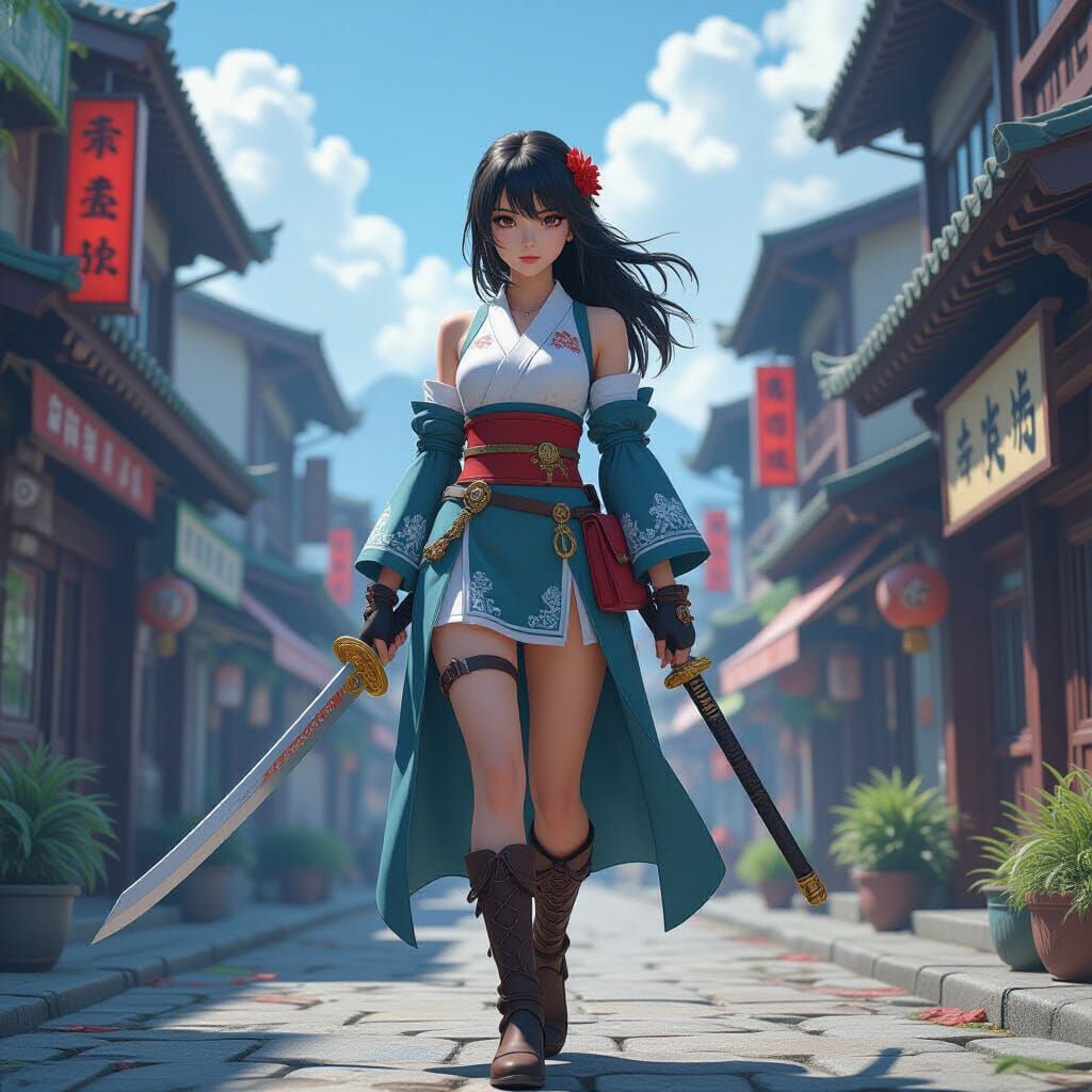 Resilient Woman in Chaotic Anime-Inspired Landscape