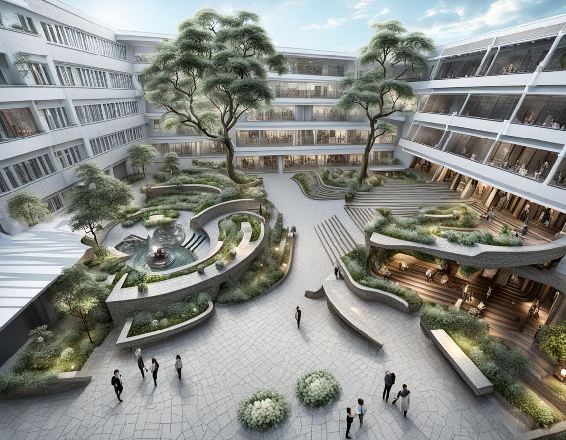 University Courtyard with Amphitheater in Digital Painting