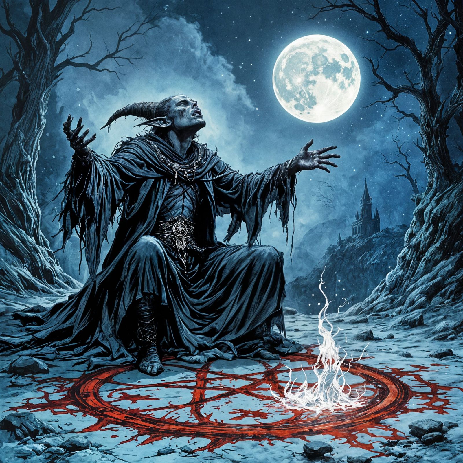 Tiefling Warlock Evokes Fey Creature in Antique Art Style