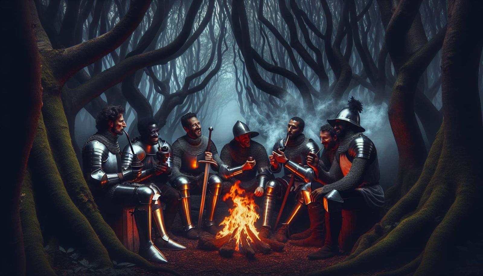 Knights Gather 'Round Campfire in Misty Forest