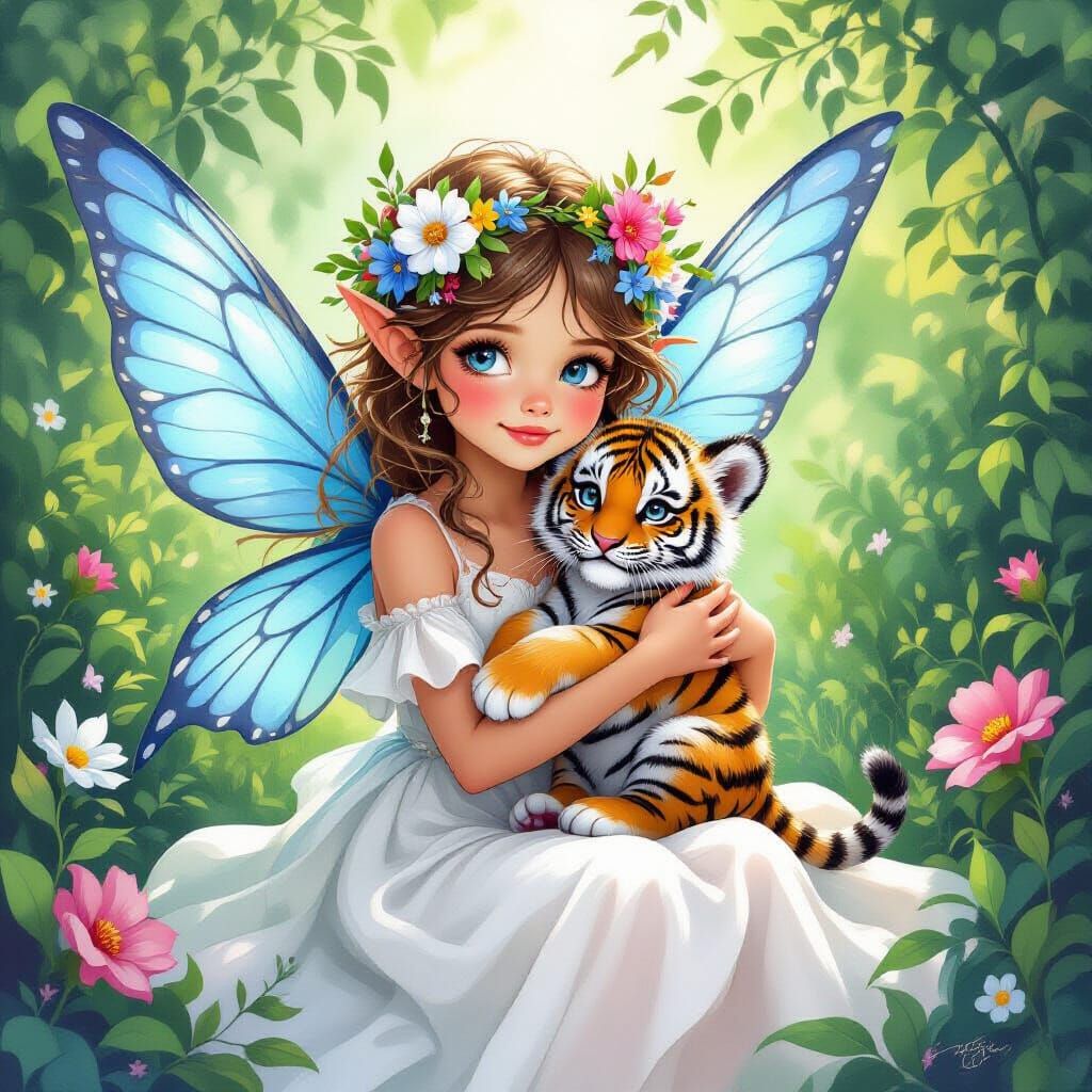 Ethereal Fairy with Tiger Cub in Art Nouveau Style