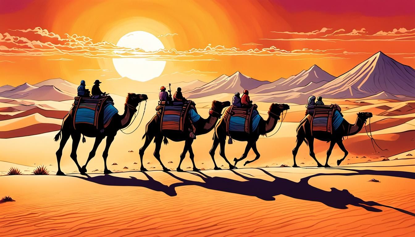 Camel Caravan in Desert: Comic Book Art Style