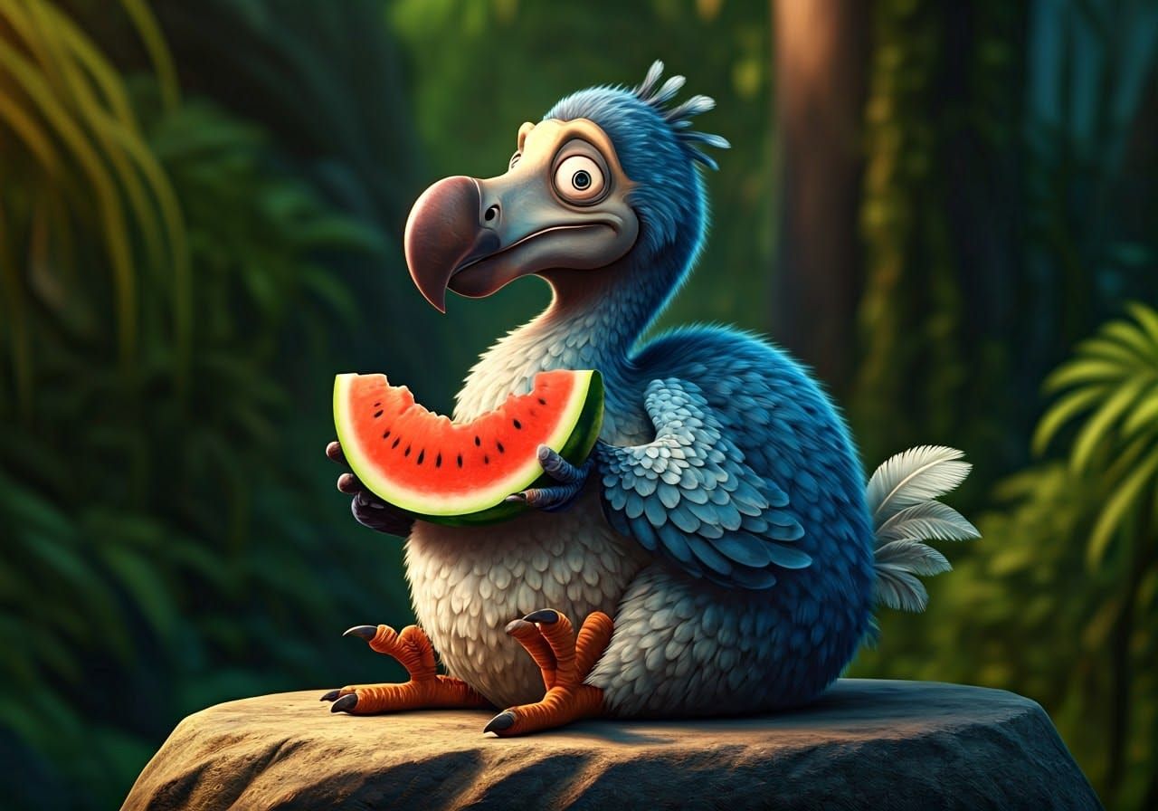 Lovable Dodo Savoring Watermelon on a Summer Rock