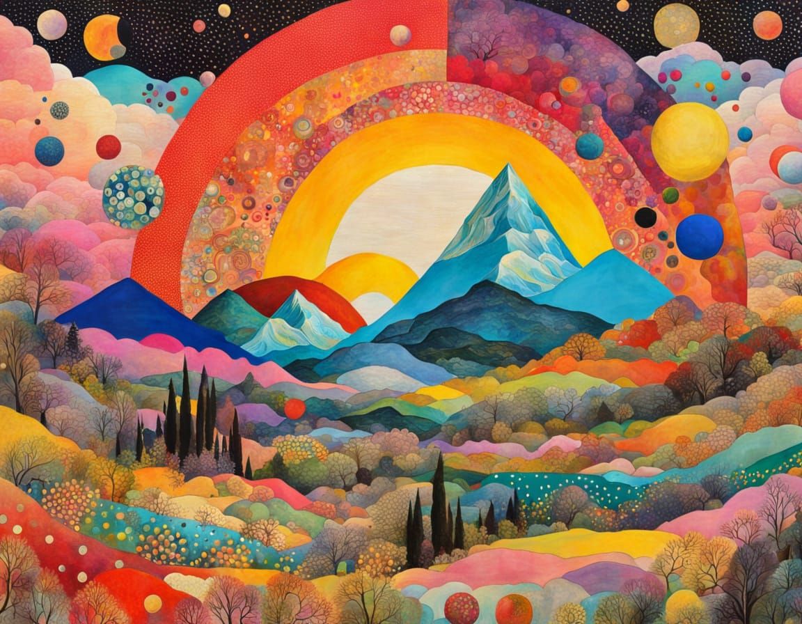 Surreal Maximalist Mountainscape at Dawn