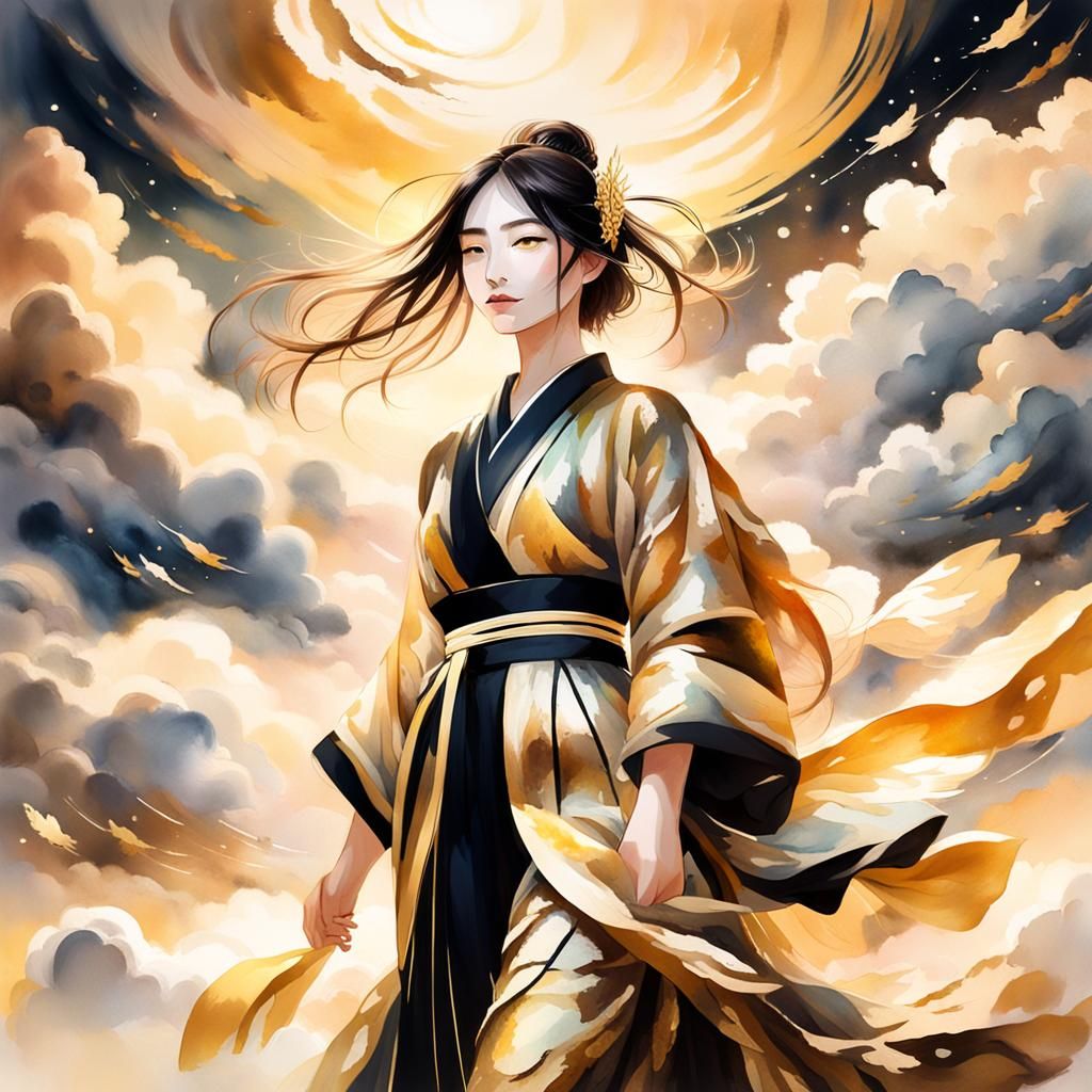 Warrior Girl in Black Gold Kimono: Ethereal Watercolor