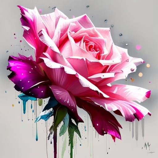 Minimalist Pink Rose in Rainstorm: Digital Art