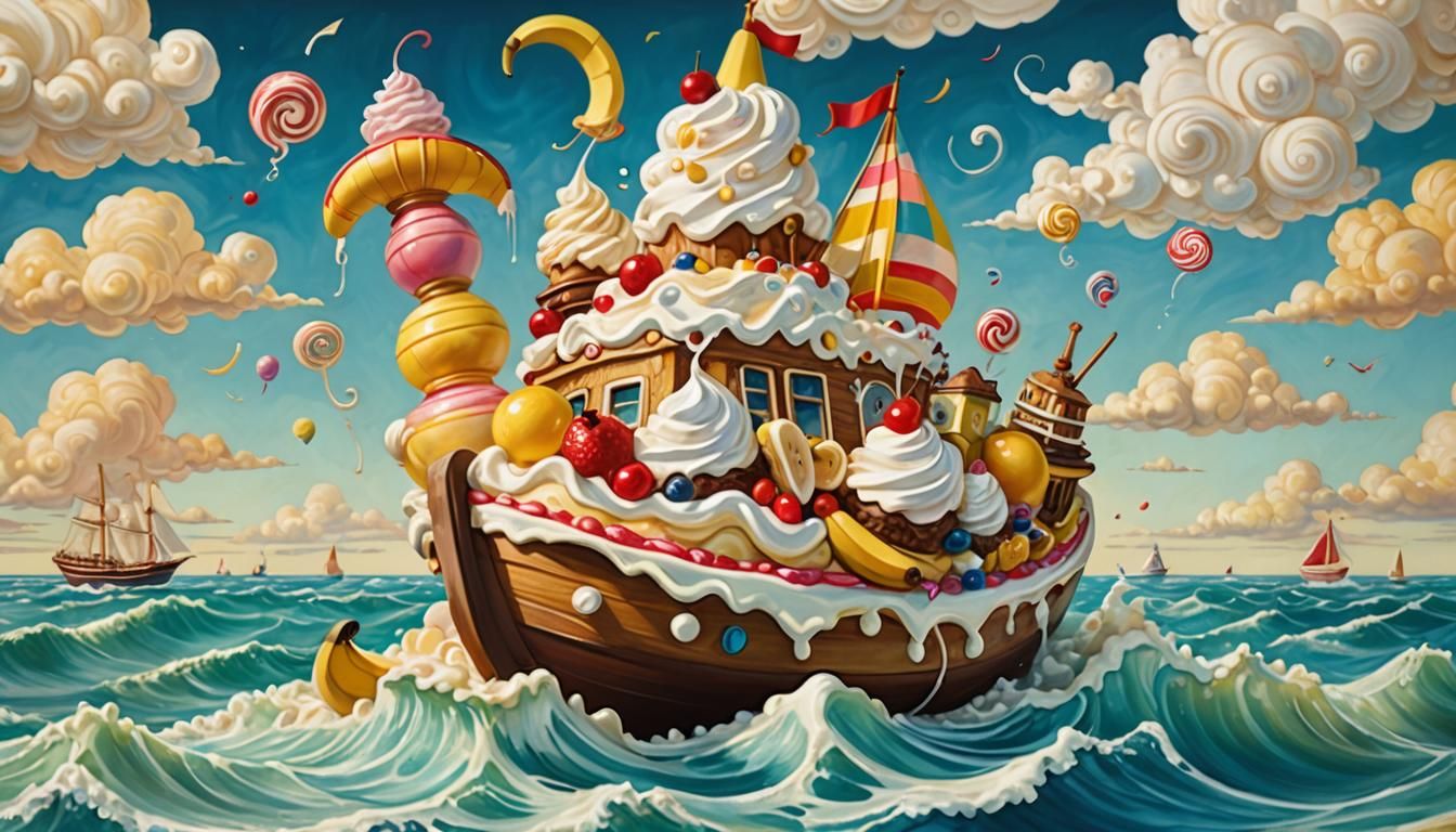 Banana Split Schooner on Milkshake Sea, Surrealist Art