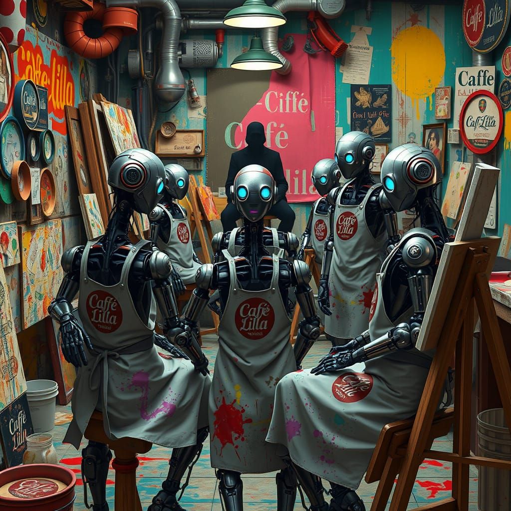 Cyberpunk Art Studio with Robot Artists