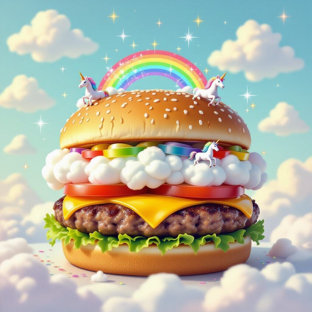 Rainbow Cloud Hamburger Dreamscape in Whimsical Style
