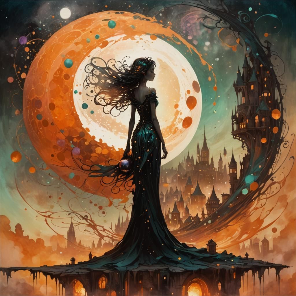 Whimsical Fairy Girl with Bomb in Gothic Cityscape