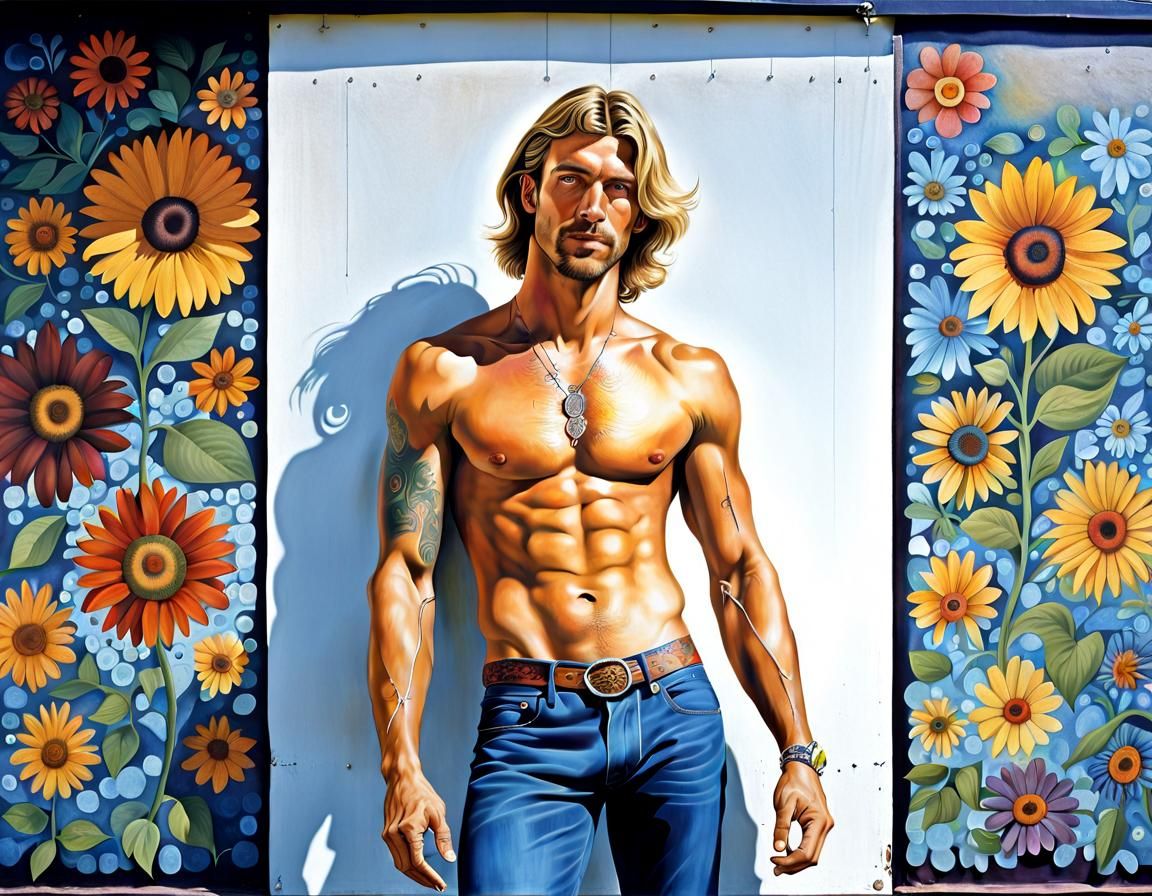 Handsome Hippie at Woodstock in Photorealism Style