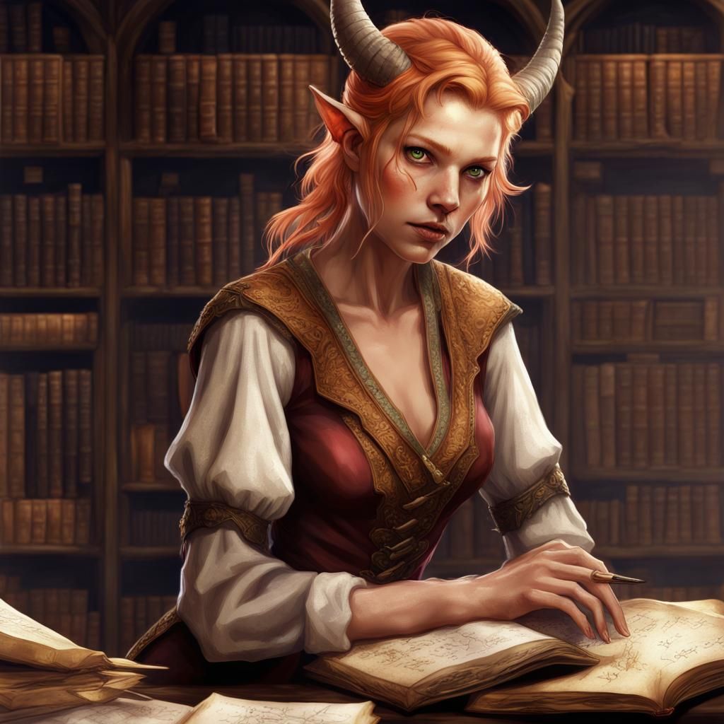Tiefling Student in Library, Detailed Matte Painting