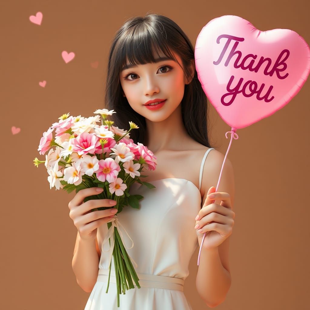 Woman Holding Flowers and Balloon in Matte Painting Style