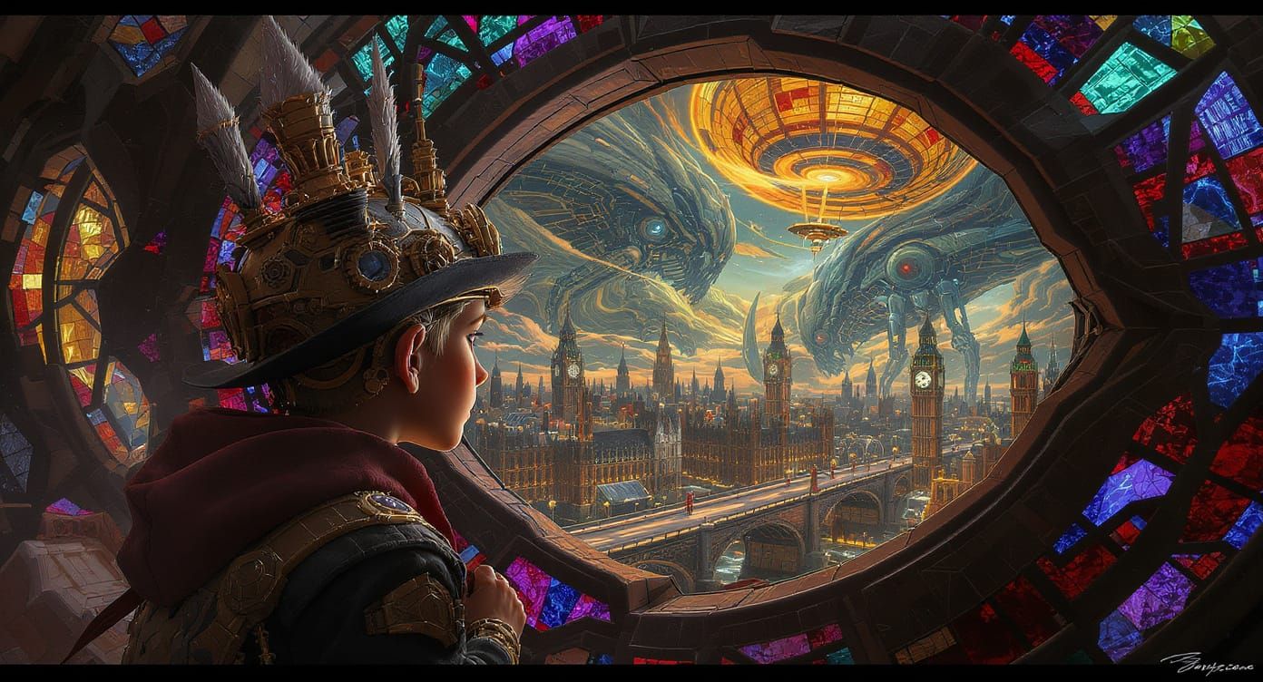 Steampunk Boy Views Mars Invasion Over 1920s London