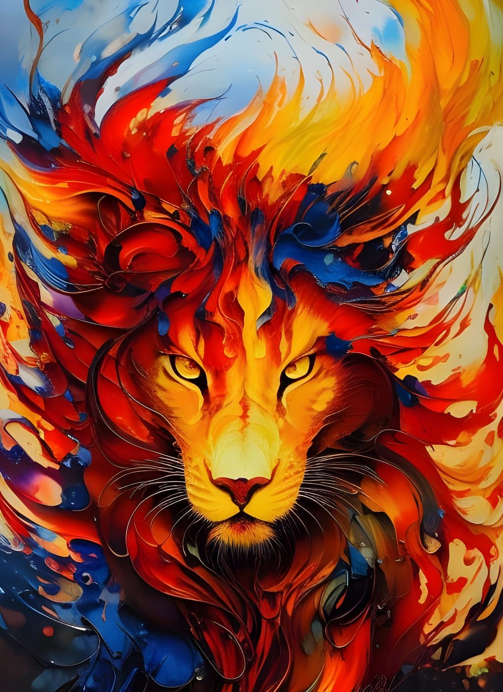 Fiery Lion: Marbling and Oil Painting Illustration