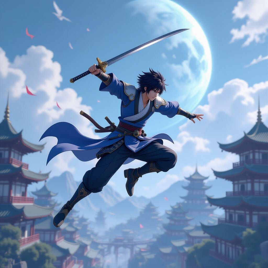 Epic Anime Warrior Leaps High, Sword Swinging Dramatically