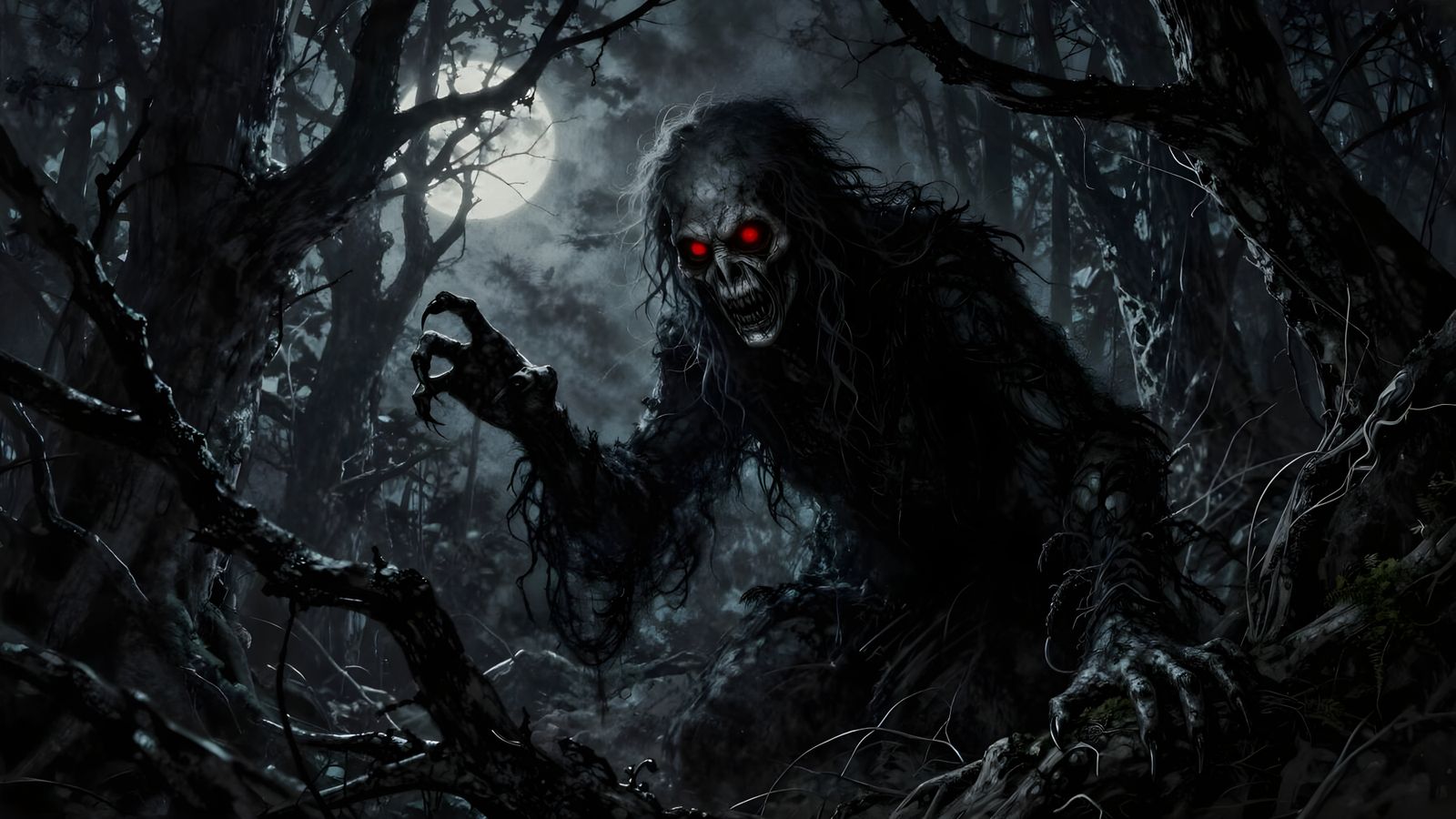 Creepy Boogeyman with Red Eyes in Dark Woods