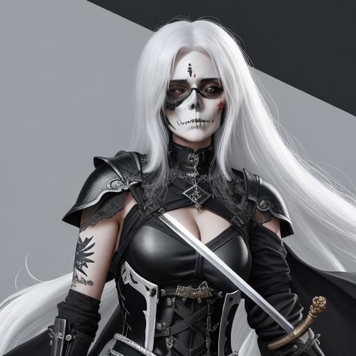 Armored Woman with Skeleton Tattoo and Sword