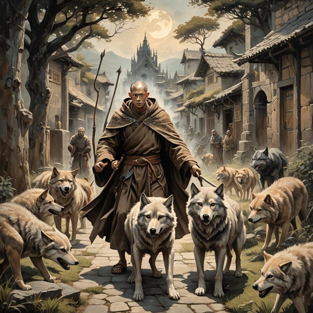 Young Monk Stands Tall with Wolf Companion
