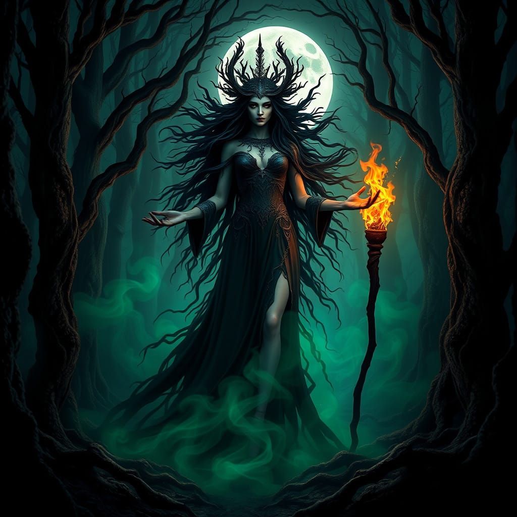 Goddess of Magic in Dark Mystical Forest