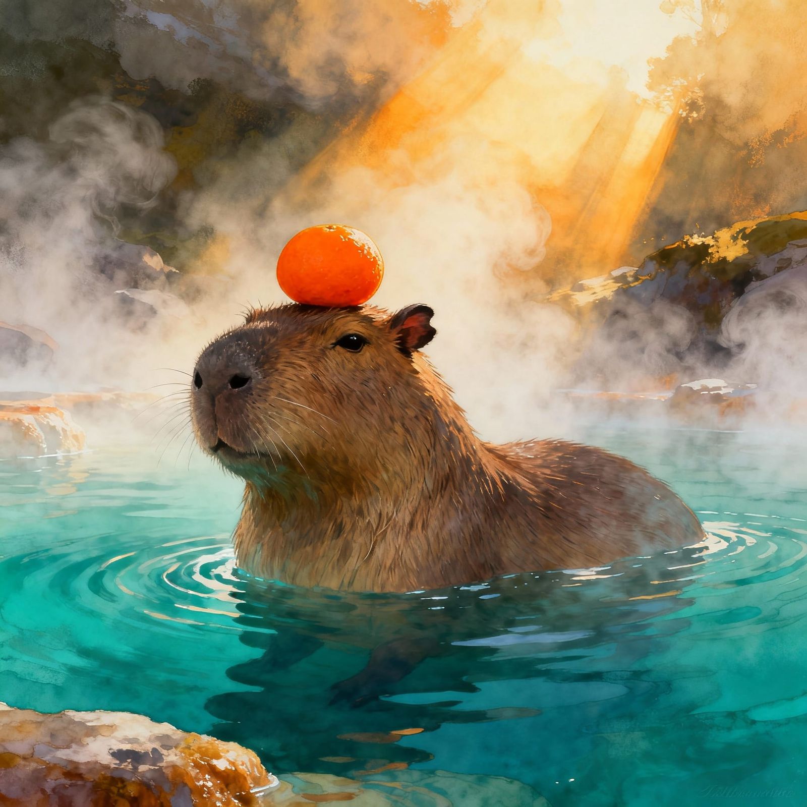 Capybara Finds Serenity in Golden Thermal Waters