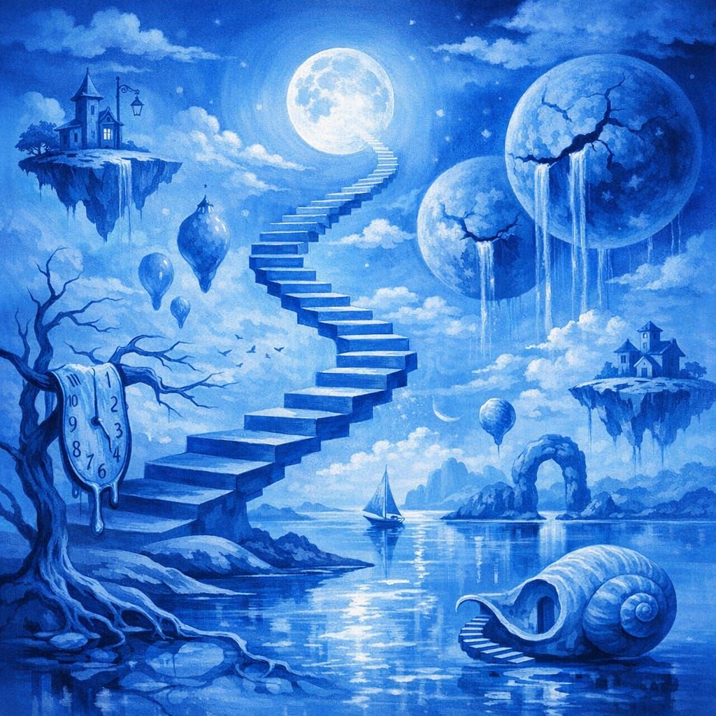Dreamlike Blue Landscape in Surrealist Style