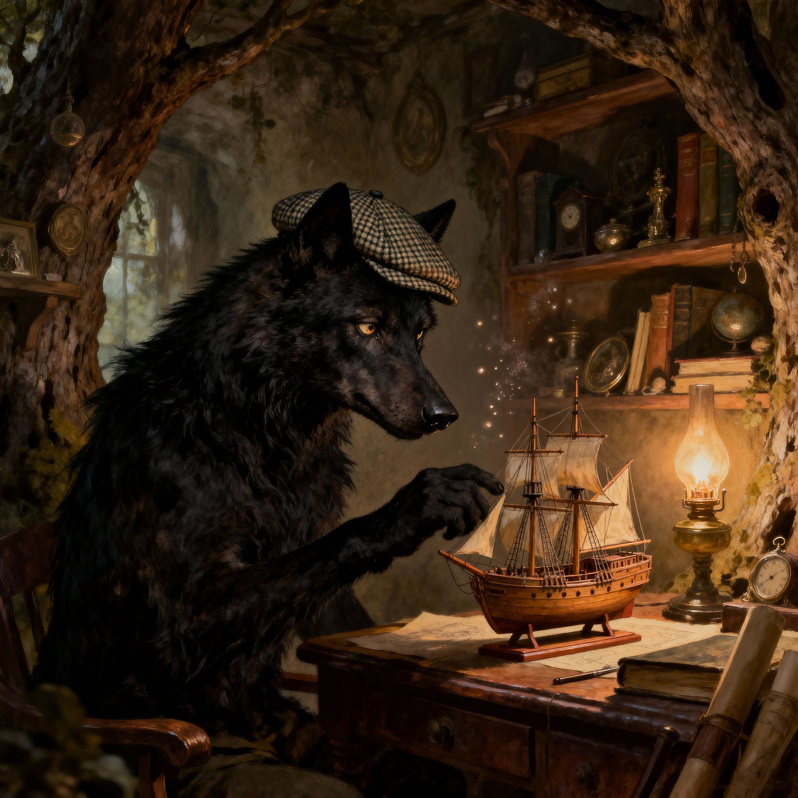 Wolf Crafts Miniature Ship in Cozy Tree Study