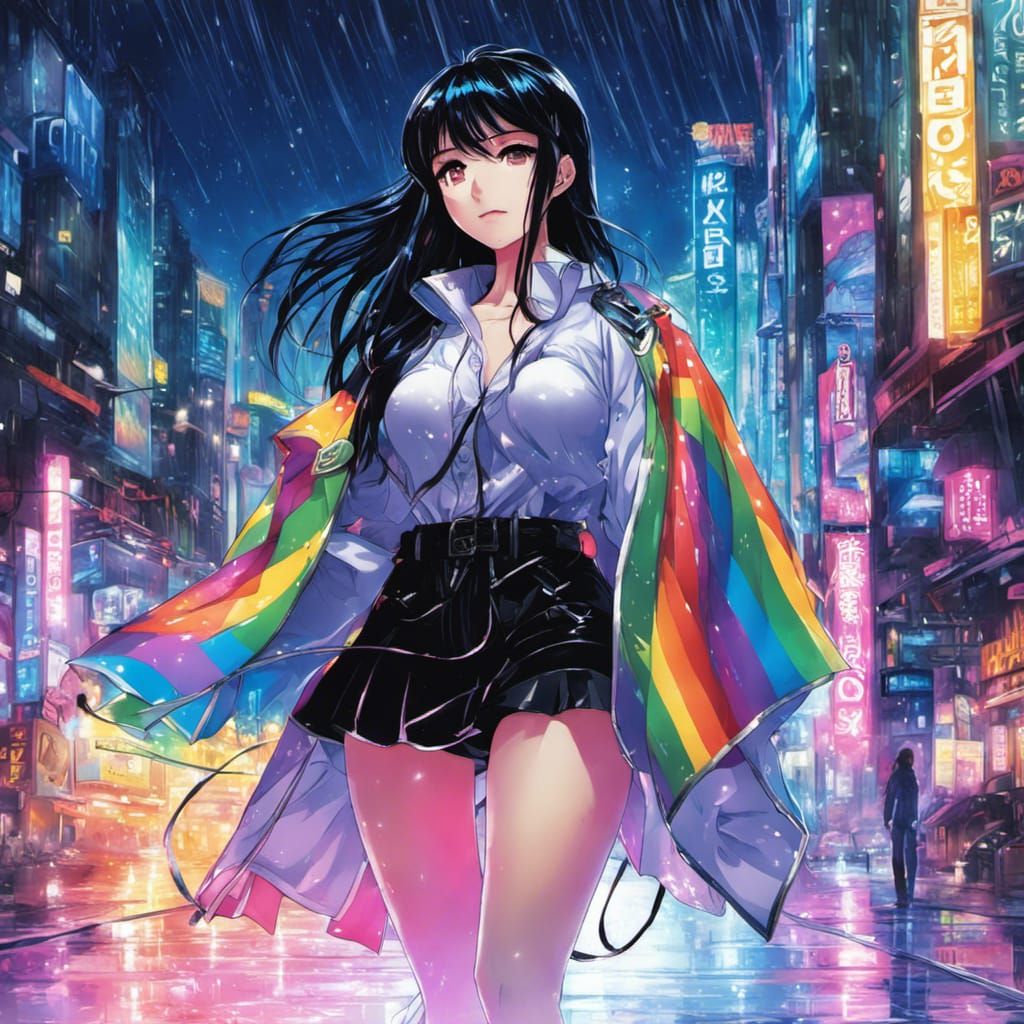 Anime Girl in Rainbow Rain, Digital Illustration