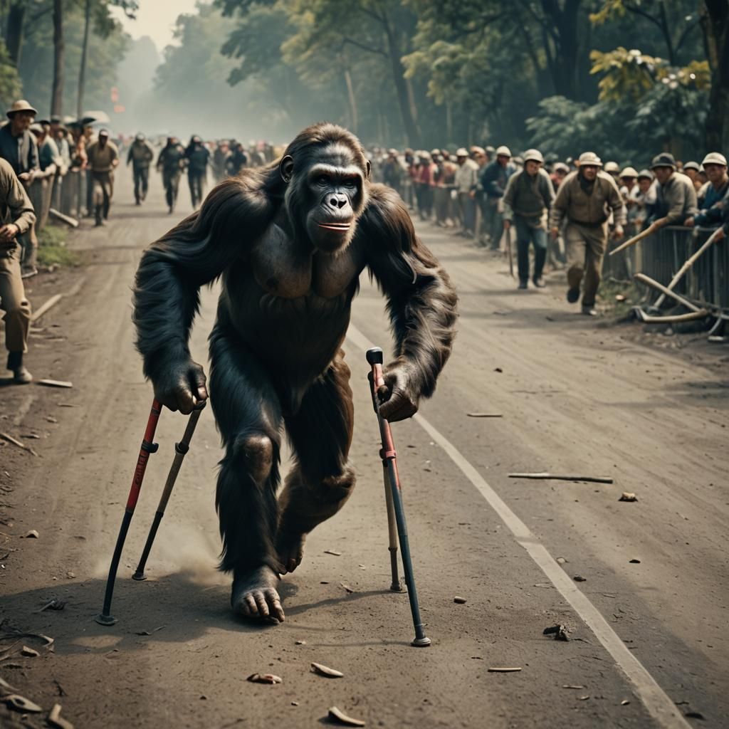 Ape on Crutches Wins the Race: Cinematic Film Still
