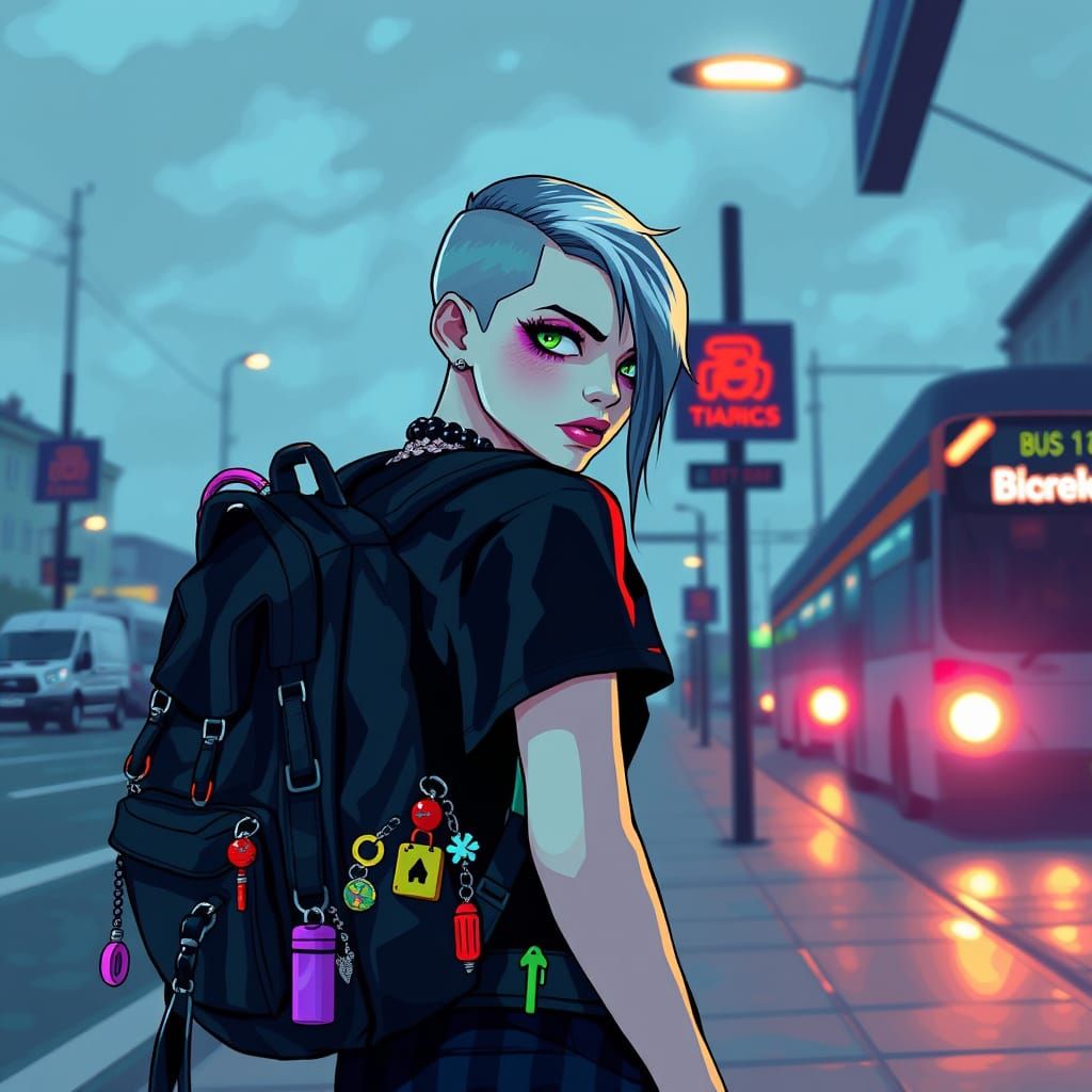 Pixel Goth Teenager at Bus Stop