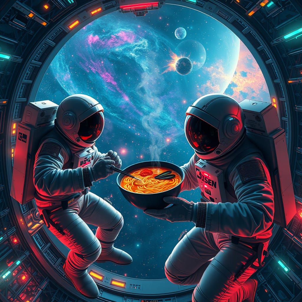 Astronauts in Zero-Gravity Enjoy Ramen Amidst a Futuristic S...