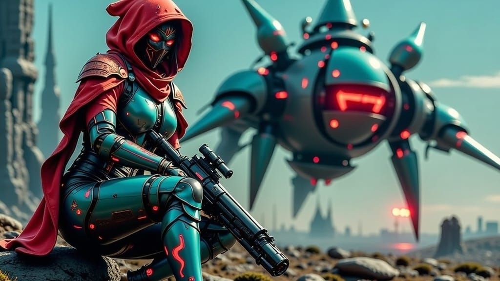 Cyborg Geisha Assassin with Laser Rifle in Cyberpunk Style