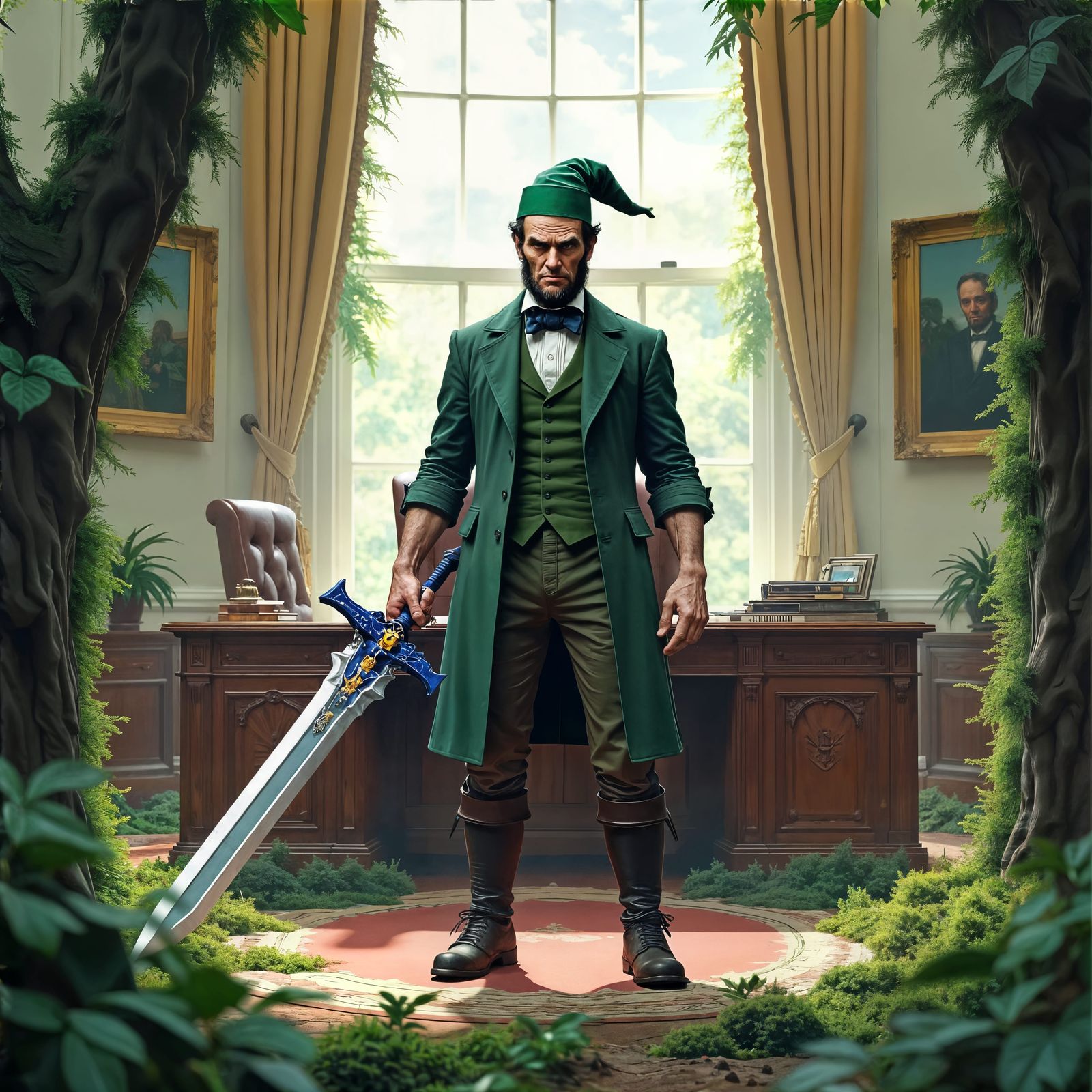 Confident Abraham Lincoln Wields Master Sword in Oval Office