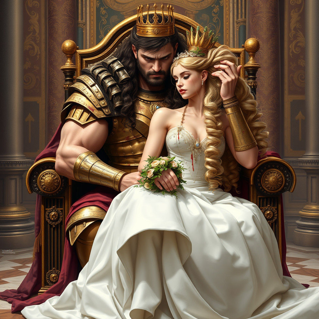 Roman Warlord King with Bride in Opulent Throne Room