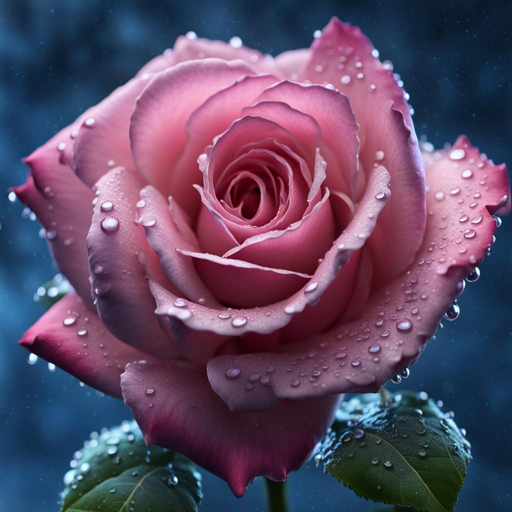 Pink Tea Rose with Dew in Starry Night: 8K
