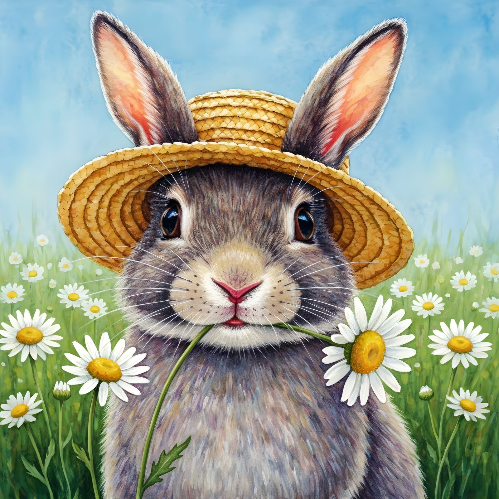 Adorable Bunny Rabbit in Flower Field: Watercolour Impressio...