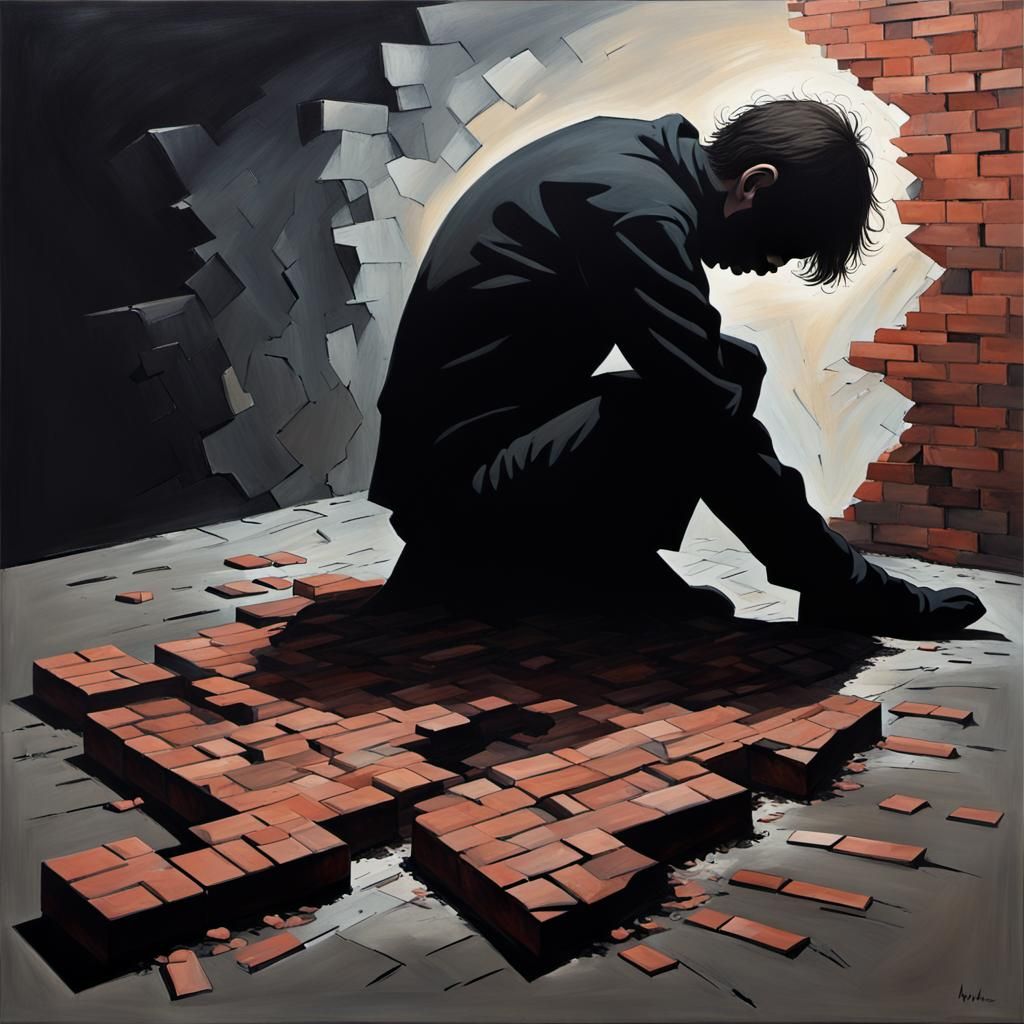 Melancholic Silhouette of Shattered Person in Bricks