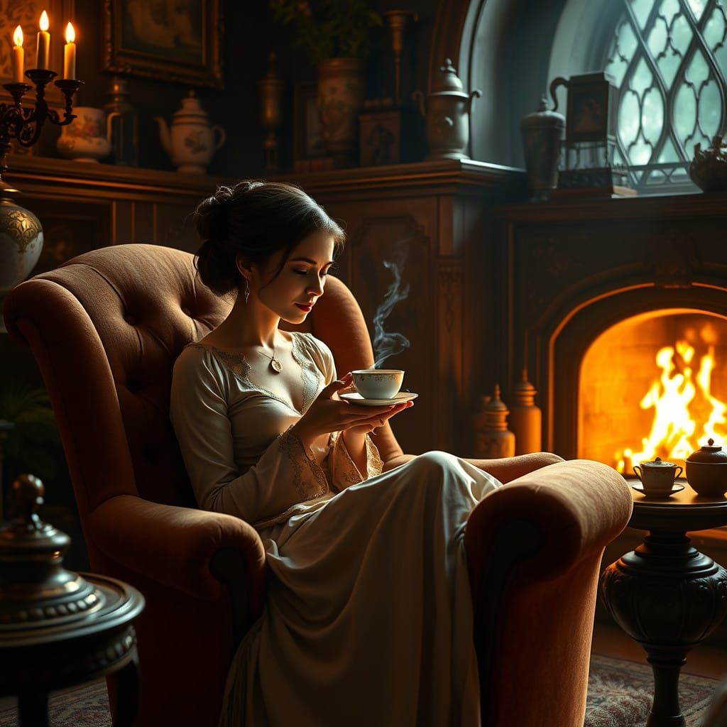 Serenely Sitting Woman in Velvet Armchair by Warm Fireplace