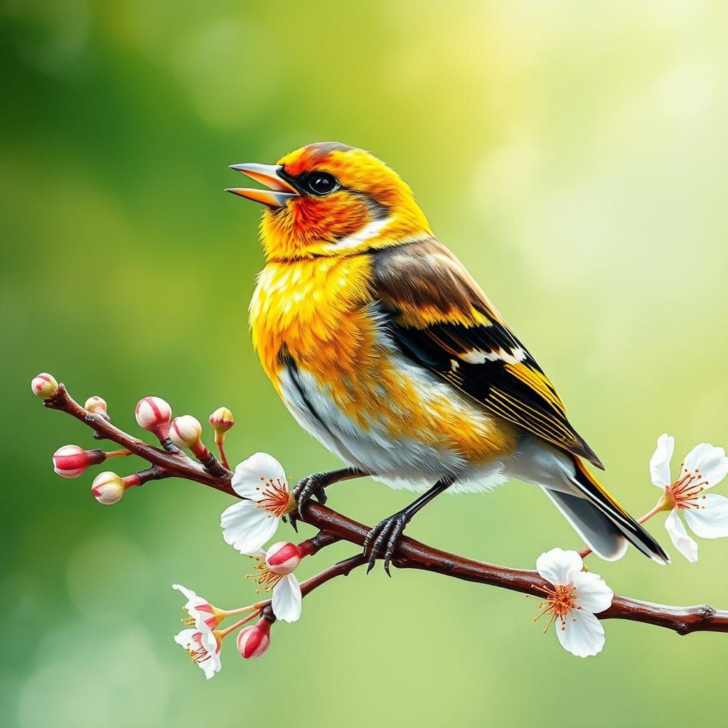 Vibrant Goldfinch on Apple Blossom Branch in Watercolor Styl...